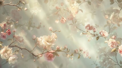 Wall Mural - Serene Photorealistic Floral Wallpaper in Pastel Colors with Ambient Light at Eye Level