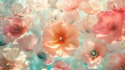 Wall Mural - Serene Photorealistic Floral Wallpaper in Pastel Tones Illuminated by Ambient Light at Eye Level