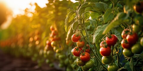 Wall Mural - Tomato Plants Growing in Fertile Farmland. Tomatoes on Vine in Golden Hour Light. Organic Cultivation. Generative AI