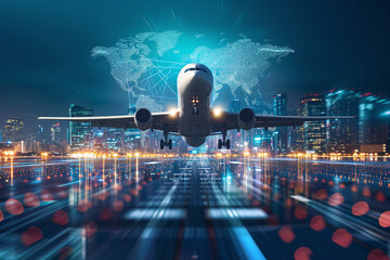 Wall Mural - Embracing the future: dynamic commercial air transport concept with airplane soaring against city skyline, Airplane taking off from airport runway on city, ideal copy space for tech-driven innovations