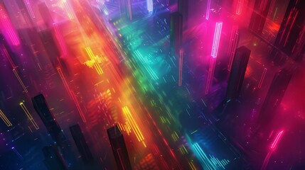 Wall Mural - Illuminated Neon Dreamscape - Abstract Digital Art Wallpaper with Vibrant Colors, Geometric Shapes, and Aerial Perspective Spotlight