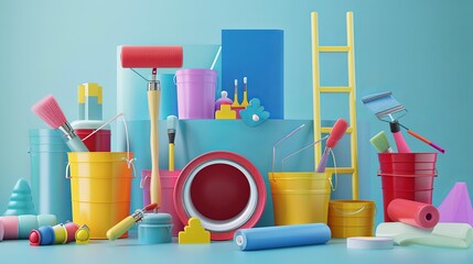 Poster - A dynamic composition of various painting supplies and equipment, including rollers, brushes, buckets of paint, and a folding ladder, arranged on a light blue background. Generative AI
