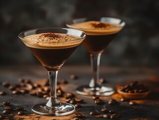 Trendy Espresso Martini Cocktail on Bar Table with Coffee Beans