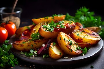 Wall Mural - Homemade organic vegetable vegan potato wedges with onion herbs and tomato sauce