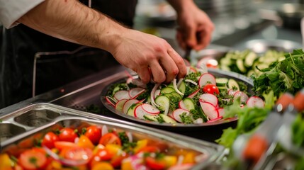 A chef's hands preparing a fresh salad, tossing mixed greens with slices of radishes, cucumbers, and cherry tomatoes, ready to serve.