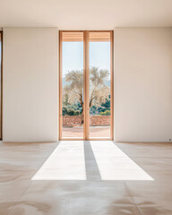 Window in an empty room in light brown color and minimal furniture. Residential Real Estate interior design composition.