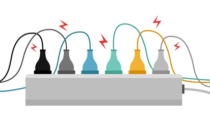 Plug in full power outlet strip overload in flat design. Electrical short circuit danger concept vector illustration.