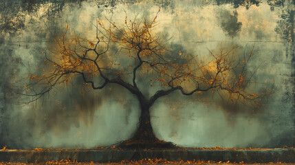 Canvas Print - A tree with leaves on it is the main focus of the painting. The tree is surrounded by a dark background, which gives the painting a moody and somber feel