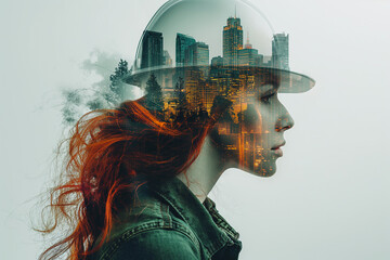 Canvas Print - A woman with red hair is wearing a hard hat and standing in front of a city skyline. The image is a creative and artistic representation of the woman's face, with the cityscape surrounding her