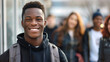 © AiDesign - Female African american male student with group of university friends smiling
