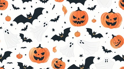 Design a seamless pattern featuring Halloween motifs like pumpkins, bats, and ghosts