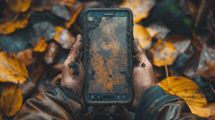 Sticker - A person is holding a dirty cell phone in their hand. The phone is covered in dirt and leaves, and the person appears to be in a muddy area. Concept of adventure and exploration