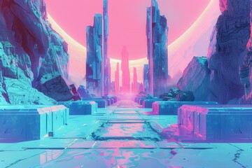 Wall Mural - Futuristic Cityscape with Pink and Blue Glow