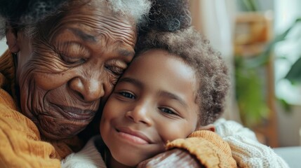 Elderly Black woman bonding with grandchild exemplifying vitality and family closeness. Concept Family Bonding, Generational Love, Intergenerational Connection, Family Vitality, Family Lifestyle