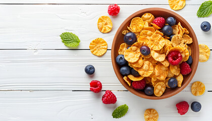 Corn flakes poured out of wooden bowl and berries on white wooden table