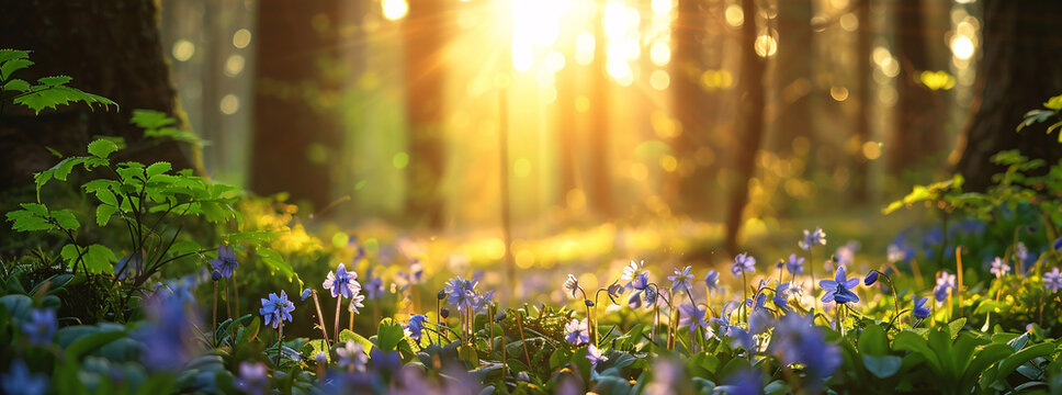 Beautiful spring forest with anemones with sun.