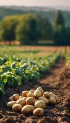 A pile of freshly harvested potatoes on a field with rows of potato plants in the background. The image captures the essence of agriculture and farming. National Potato Month.