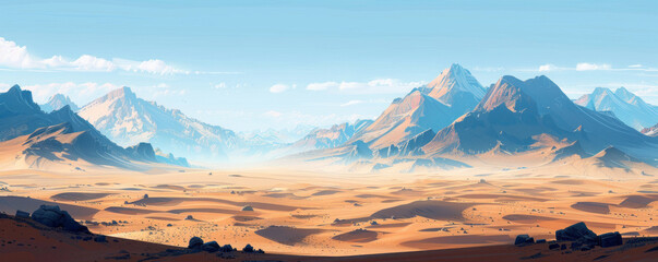 A vast desert landscape stretching as far as the eye can see, with dunes that rise and fall like waves.