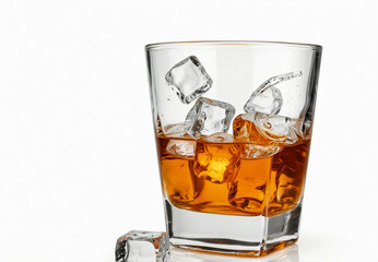 Whisky and ice cubes falling into a glass, isolated on white background