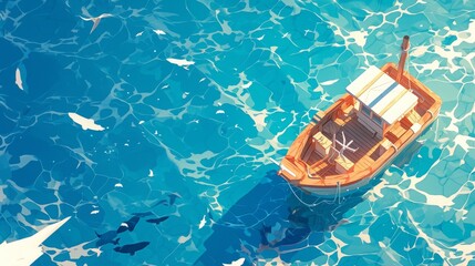 Wall Mural - Charming 3D depiction of a wooden boat gently gliding on a sunny blue sea