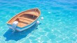 © Zyariss - Captivating 3D representation of a wooden boat bobbing on a clear blue sunny sea, with meticulously crafted wood textures