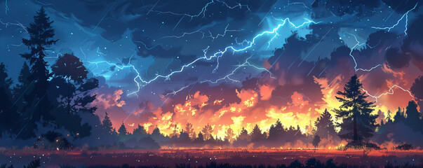 Wall Mural - A stormy summer night with lightning flashing and thunder roaring, the wind whipping through the trees.