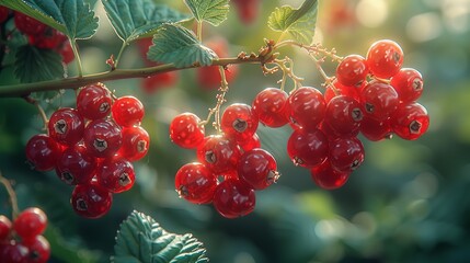 Wall Mural - A close-up of vibrant red berries hanging from a lush green branch, their juicy ripeness enticing the viewer's senses. Abstract Backgrounds Illustration, Minimalism,