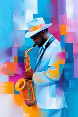 Wall Mural - Music festival poster featuring a stylish musician in a white suit and hat, playing a saxophone, set against a vibrant and colorful abstract background.