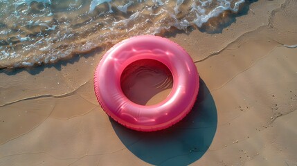 Wall Mural - A bright pink inflatable ring rests on the sandy beach near gentle ocean waves, capturing a serene summer moment by the water.