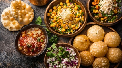 Popular Indian Street Food: Pani Puri, Sev Puri, Bhel Puri, and Golgappa. Concept Indian Street Food, Pani Puri, Sev Puri, Bhel Puri, Golgappa