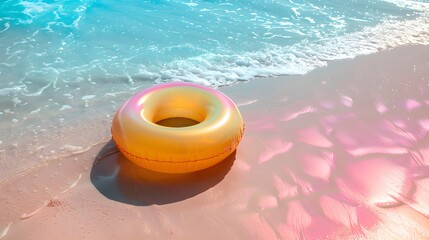 Wall Mural - Colorful inflatable ring on sandy beach by the ocean with gentle waves and vibrant reflections in the water, perfect for summer vacation scenes.