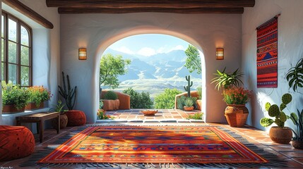 A panoramic view of a traditional Navajo hogan in the American Southwest, with a handwoven rug adorning the floor. Abstract Backgrounds Illustration, Minimalism,