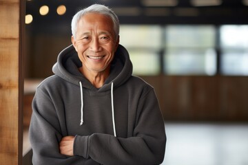 Portrait of a smiling asian man in his 80s wearing a zip-up fleece hoodie on empty modern loft background