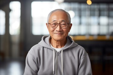 Portrait of a smiling asian man in his 80s wearing a zip-up fleece hoodie in front of empty modern loft background