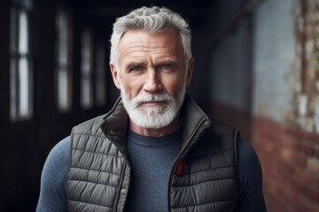 Wall Mural - Portrait of a glad man in his 70s dressed in a water-resistant gilet isolated on empty modern loft background