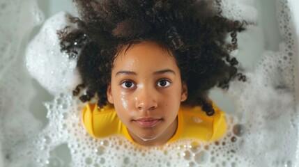 Wall Mural - A young girl is in a bathtub with bubbles and foam