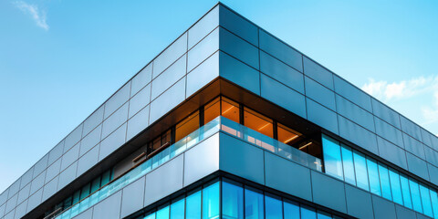 close-up of a modern glass office building's corner against a clear blue sky, showcasing contemporar