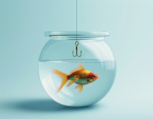 Wall Mural - Goldfish in fish bowl with hook captivity and freedom in a tiny world of contrast and irony