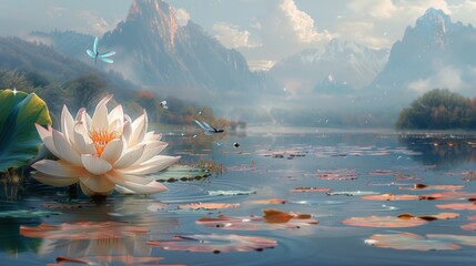 Wall Mural - Serene Mountain Lake with Blooming Water Lily