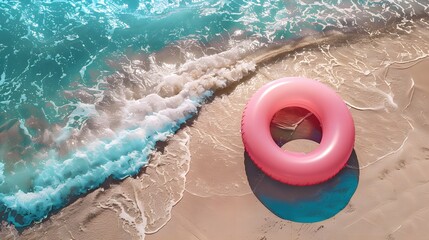 Wall Mural - Aerial view of a pink inflatable ring on a sandy beach next to ocean waves. Perfect summer day at the beach or seaside holiday.