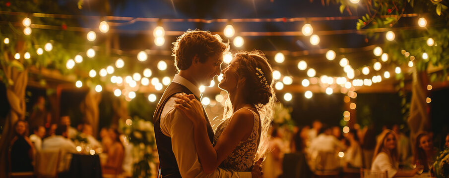 A couple dancing under the stars at a romantic outdoor wedding reception.