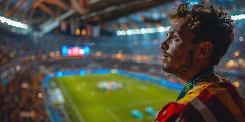 Wall Mural - A thoughtful fan in a stadium watches an intense soccer match, surrounded by a lively crowd and bright lights.