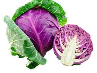 Canvas Print - A purple cabbage is cut in half and surrounded by green leaves