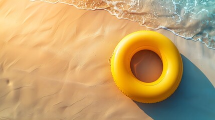 Wall Mural - Bright yellow inflatable ring on sandy beach near ocean waves, captured in warm sunlight, evoking summer vibes and seaside relaxation.