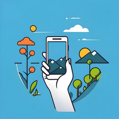 Wall Mural - hand holding smartphone with landscape isolated on blue background, vector ready for design