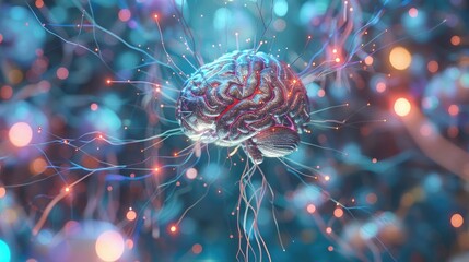 Wall Mural - Human brain abstract lines connected neuron network. 3d illustration