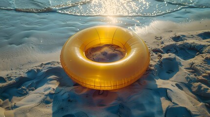 Wall Mural - Yellow inflatable swim ring on sandy beach with ocean waves and sunlight, creating a summer vacation vibe.