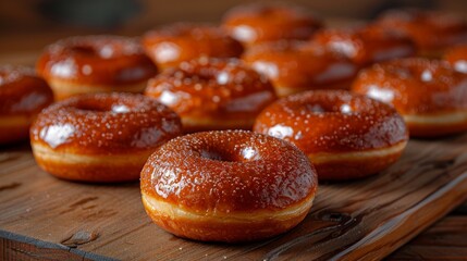 Wall Mural - Golden glazed donuts with sugary tops rest on a rustic wooden board, basking in warm lighting