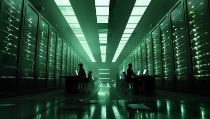 Wall Mural - a large server room with rows of green glowing computer equipment. two people sitting at desks in th