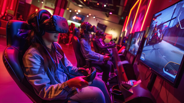 A bustling VR gaming hub, where players immerse themselves in digital adventures and virtual challenge